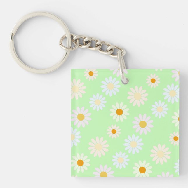 Cute watercolor colourful Daisy Pattern Green Key Ring (Front)