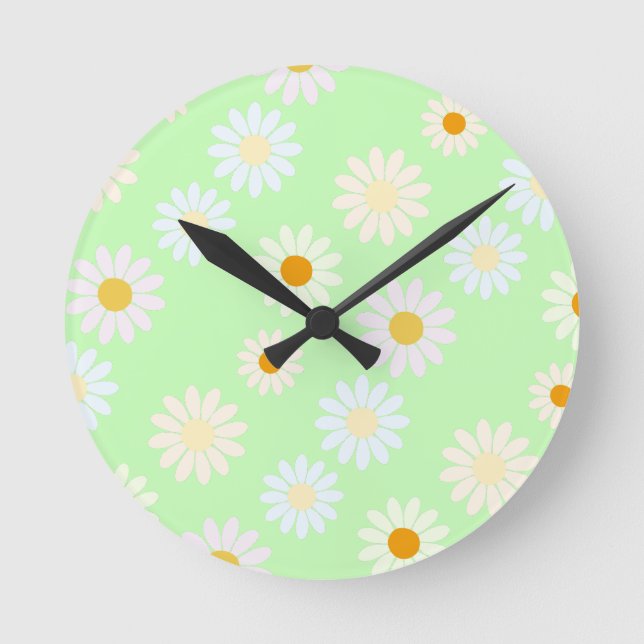 Cute watercolor colourful Daisy Pattern Green Round Clock (Front)