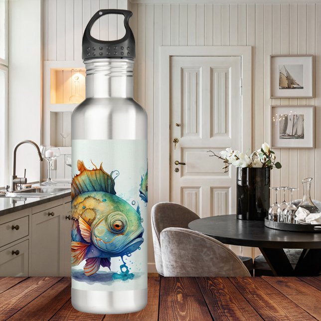 Cute Watercolor Colourful Fishes Water Bottle (Water bottle showing a watercolor painting of colorful fishes. For anyone who loves fish or a Pisces)