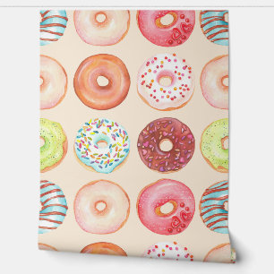 Cute Watercolor Colourful Glazed Doughnuts Kitchen Wallpaper