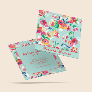 Cute Watercolor Colourful Pink Flowers Script  Square Business Card