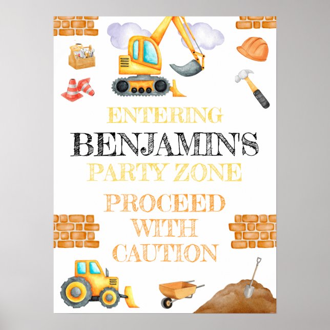 Cute Watercolor Construction Birthday Poster (Front)