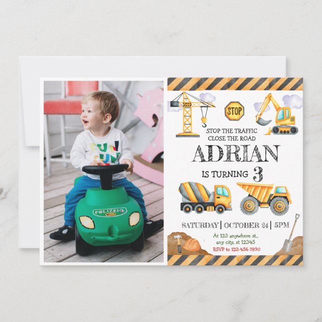 Cute Watercolor Construction Kids Birthday Invitation (Front)