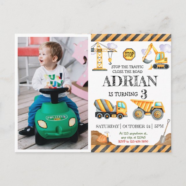 Cute Watercolor Construction Kids Birthday Postcard (Front)