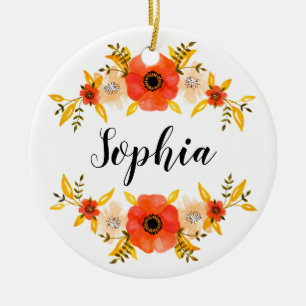 Cute Watercolor Coral Floral Wreath Custom Text Ceramic Tree Decoration