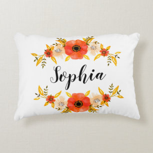 Cute Watercolor Coral Floral Wreath Custom Text Decorative Cushion