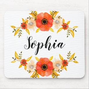 Cute Watercolor Coral Floral Wreath Custom Text Mouse Mat