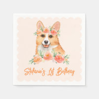 Cute Watercolor Corgi and Peach Flowers Birthday