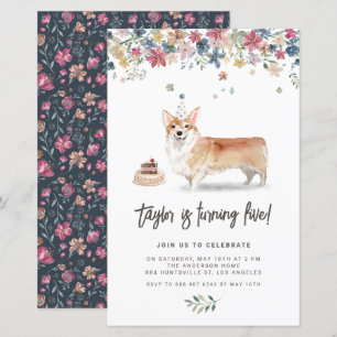 Cute Watercolor Corgi Dog Birthday Invitation