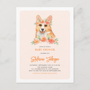 Cute Watercolor Corgi Peach Floral Baby Shower Invitation Postcard
