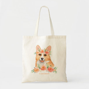 Cute Watercolor Corgi Peach Floral Bridesmaid Tote Bag