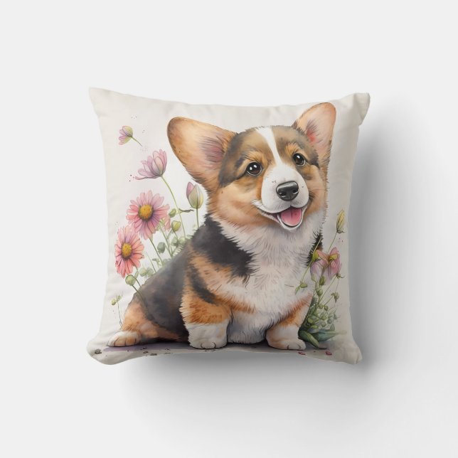 Cute Watercolor Corgi Puppy Dog Cushion (Front)