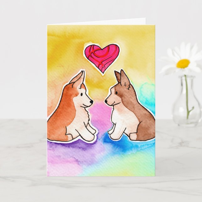 Cute Watercolor Corgis "Sending Love" Card (Small Plant)