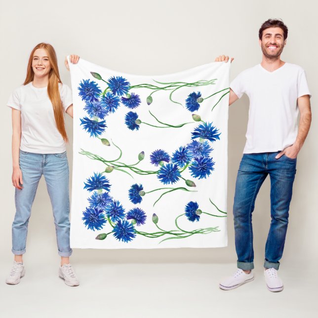 Cute watercolor cornflowers fleece blanket (In Situ)