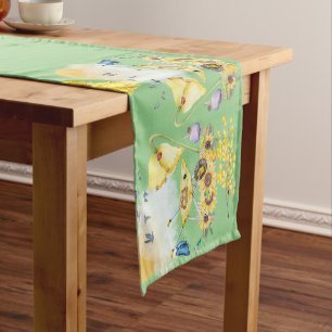 Cute Watercolor Cottagecore Yellow on green   Medium Table Runner