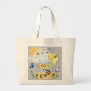Cute Watercolor Cottagecore Yellow on grey   Large Tote Bag