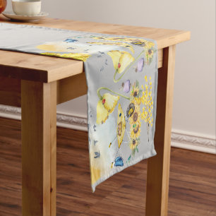 Cute Watercolor Cottagecore Yellow on grey   Medium Table Runner