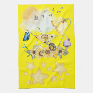 Cute Watercolor Cottagecore Yellow on yellow   Tea Towel