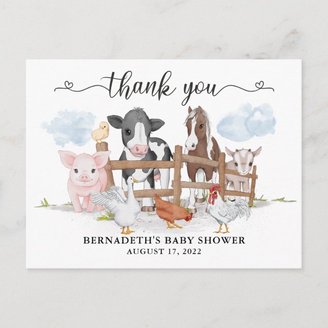 Cute Watercolor Country Farm Animal Thank You Postcard (Front)