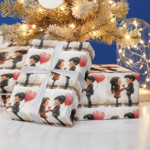 Cute Watercolor Couple Heart Balloon Romantic Love Wrapping Paper