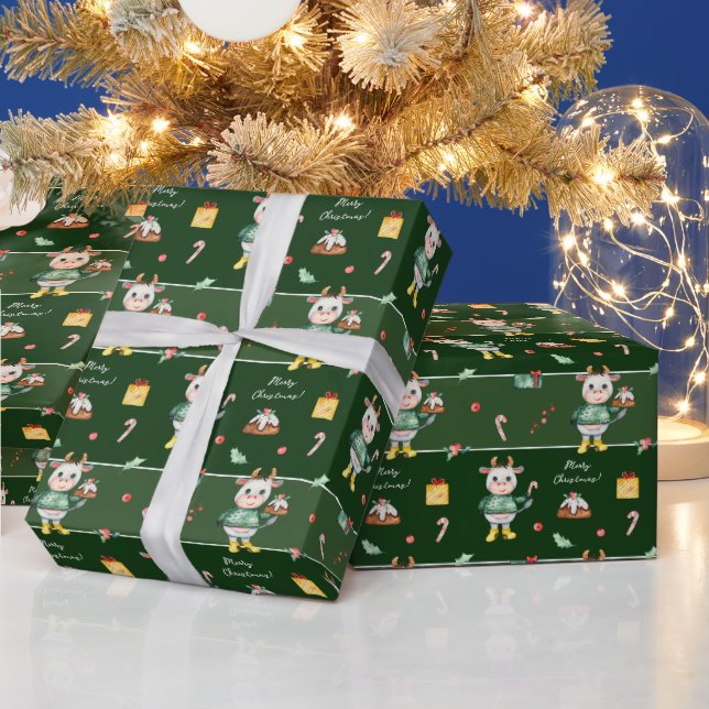 Cute Watercolor Cow Holding Bundt Cake Christmas Wrapping Paper (Holidays)