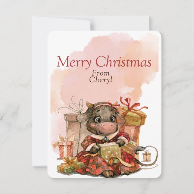 Cute Watercolor Cow Holiday Card (Front)
