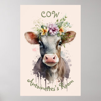 Cute Watercolor Cow Nursery  Poster