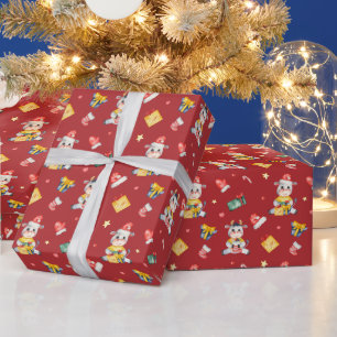 Cute Watercolor Cow Pattern on Red Christmas Wrapping Paper
