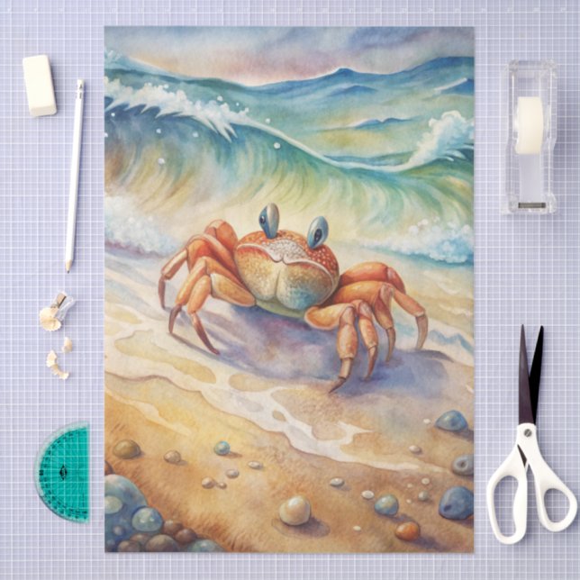 Cute Watercolor Crab on Beach Decoupage Tissue Paper (Craft)