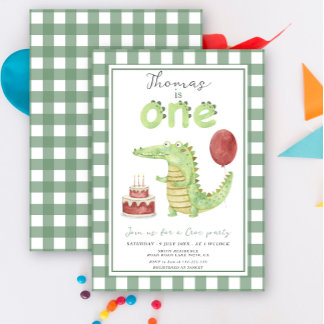 Cute Watercolor Crocodile First Birthday Invitation