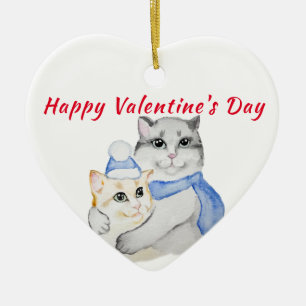 Cute watercolor cuddly cats on Valentine's Day Ceramic Tree Decoration