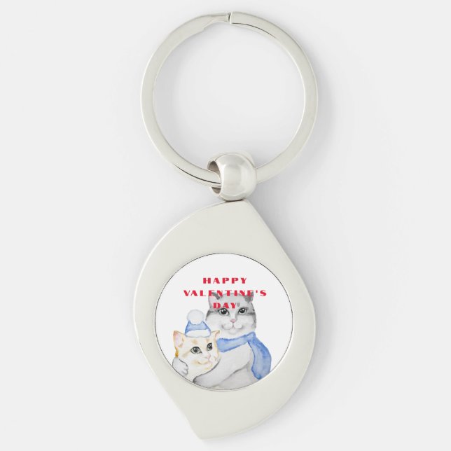 Cute watercolor cuddly cats on Valentine's Day Key Ring (Front)