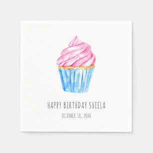 Cute watercolor cupcake pink frosting Birthday Napkin