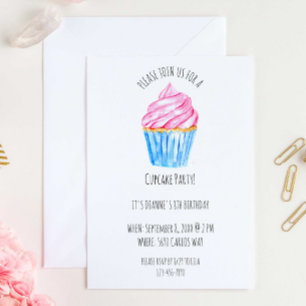 Cute watercolor cupcake pink icing birthday invitation