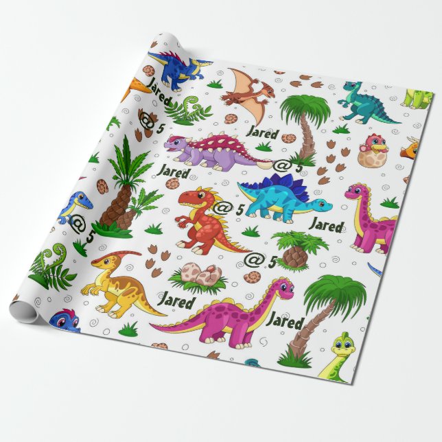 Cute Watercolor Custom Birthday Pattern Dinosaur Wrapping Paper (Unrolled)
