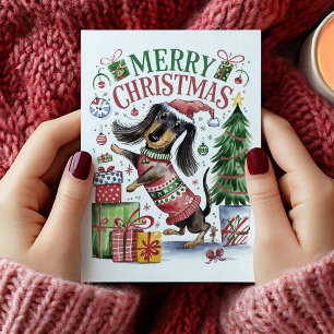 Cute Watercolor Dachshund Christmas Card