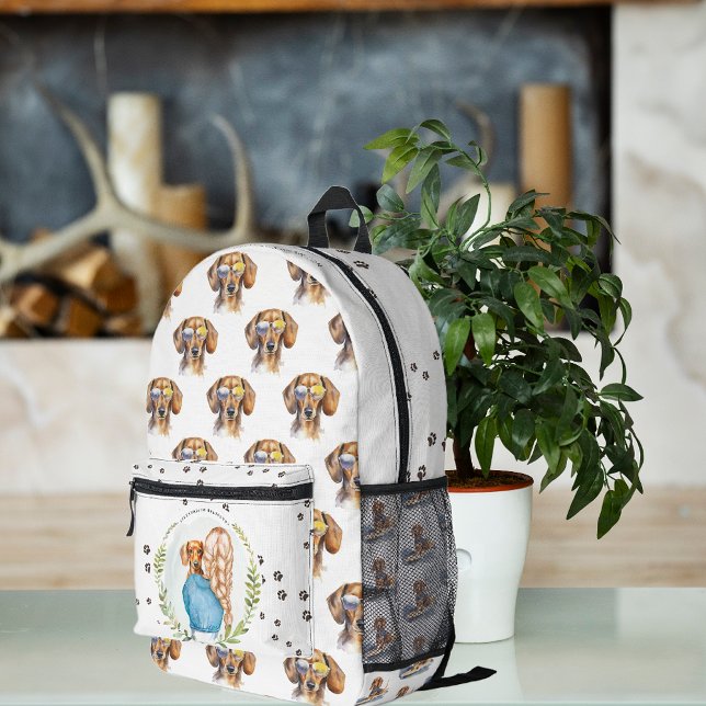 Cute Watercolor Dachshund Dog Pattern Monogram Printed Backpack (Creator Uploaded)