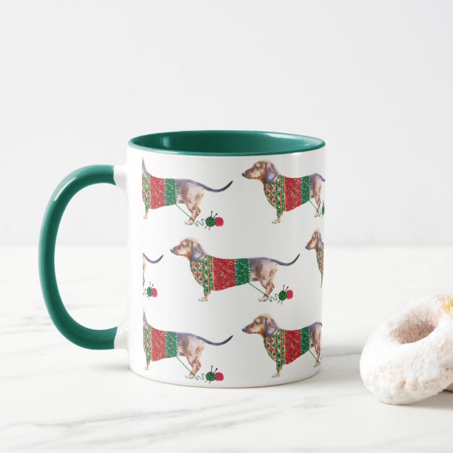 Cute watercolor dachshund in christmas jumper mug (With Donut)