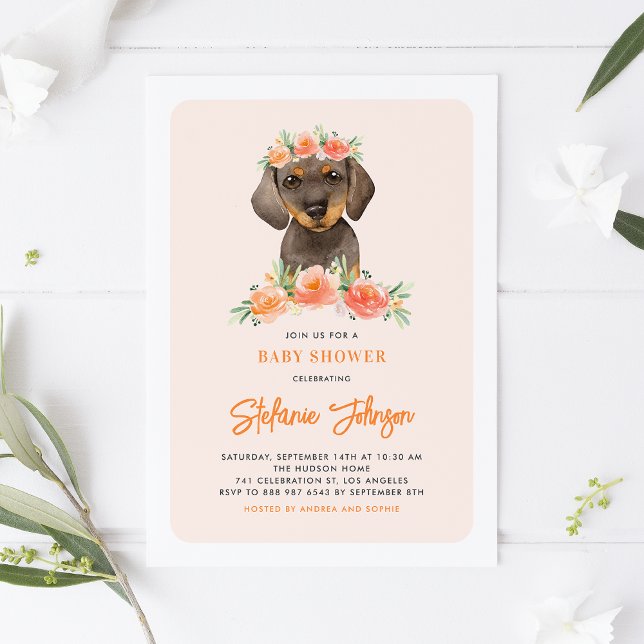 Cute Watercolor Dachshund Peach Floral Baby Shower Invitation (Creator Uploaded)