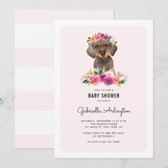 Cute Watercolor Dachshund Pink Floral Baby Shower Invitation (Front/Back)