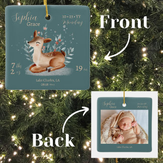 Cute Watercolor Deer Baby Birth Stats & Photo Ceramic Ornament