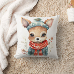 cute watercolor deer girl in a New Year's sweater Cushion