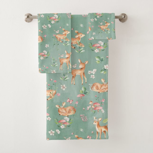 Cute Watercolor Deer Pattern Bath Towel Set (Insitu)