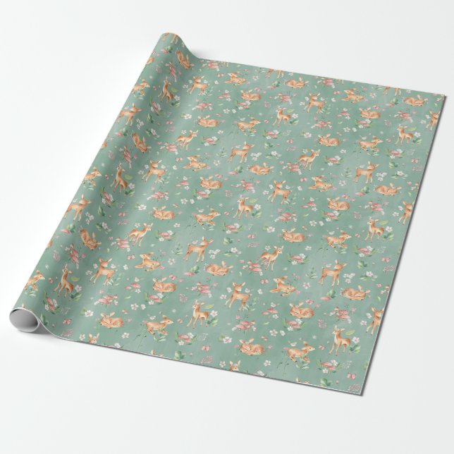 Cute Watercolor Deer Pattern Wrapping Paper (Unrolled)