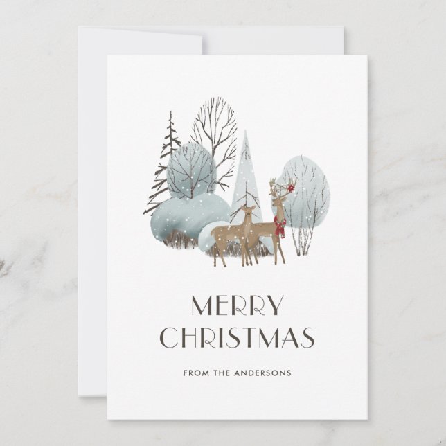 Cute Watercolor Deer Winter Scene Christmas Cards (Front)