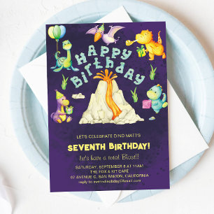 Cute Watercolor Dino Dinosaurs & Volcano Birthday Invitation