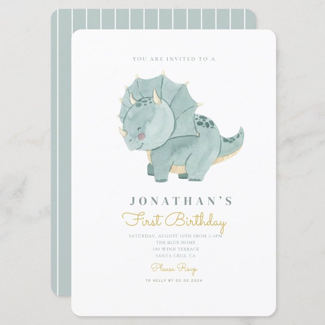 Cute Watercolor Dino First Birthday 1st Birthday Invitation (Creator Uploaded)
