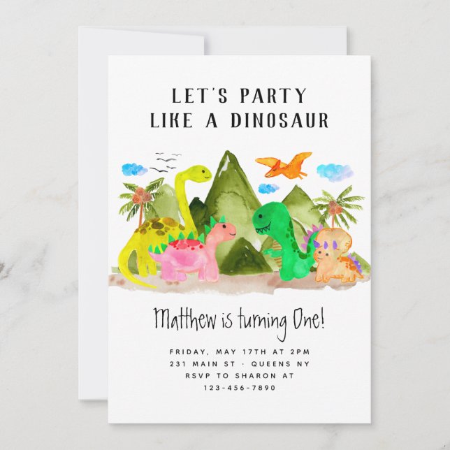 Cute Watercolor Dino Mountain Dinosaur Birthday Invitation (Front)