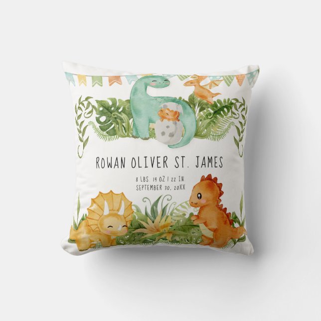 Cute Watercolor Dinosaur Baby Nursery Birth Stats Cushion (Front)