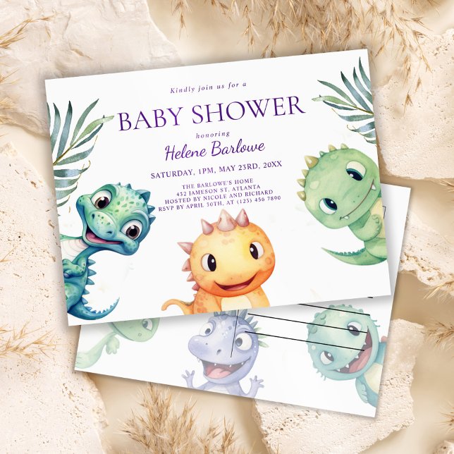 Cute Watercolor Dinosaur Baby Shower Invitation Postcard (Cute Watercolor Dinosaur Baby Shower Invitation Postcard)